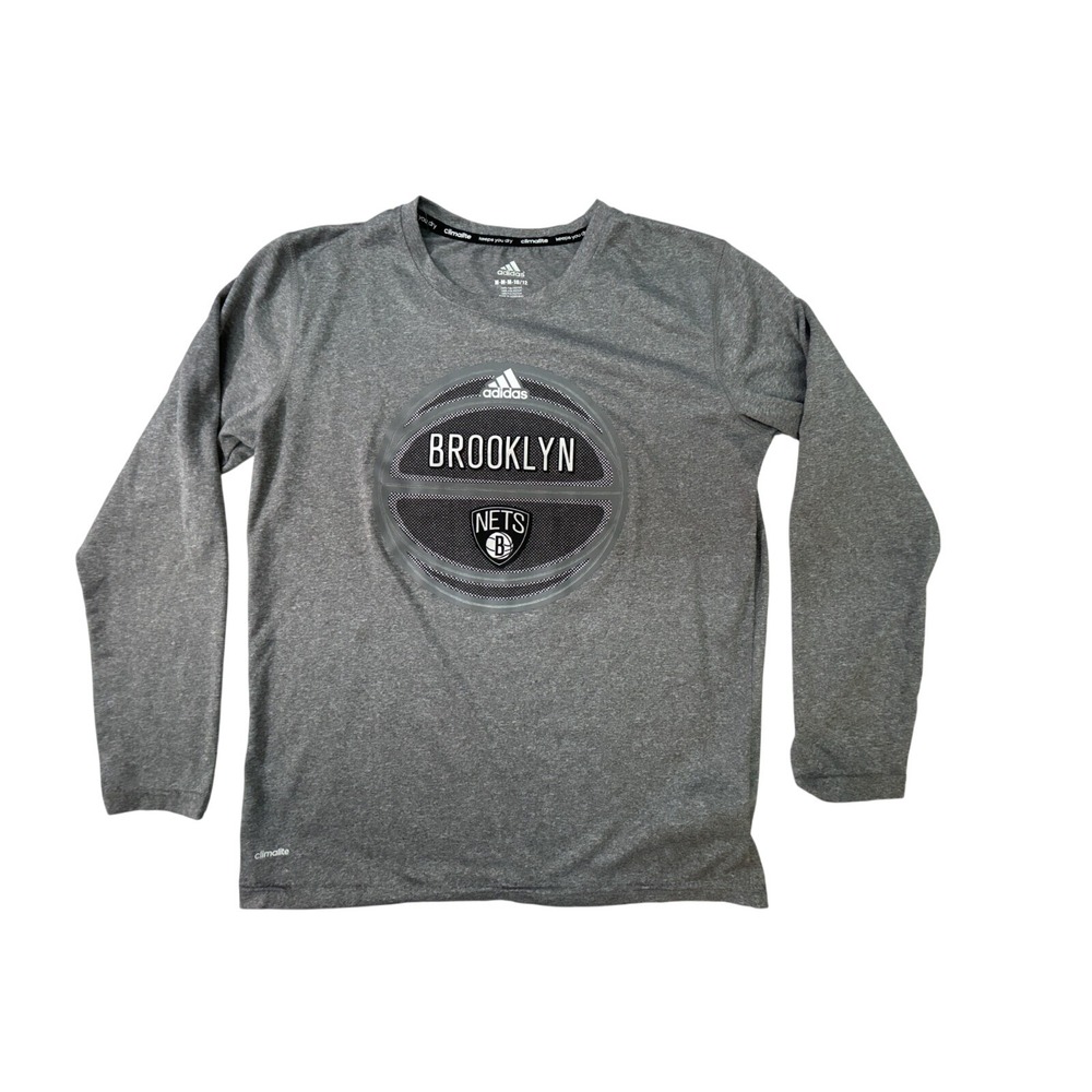 Adidas Brooklyn Nets Boys Gray‎ Climalite Long Sleeve Shirt Size M 10-12 NBA